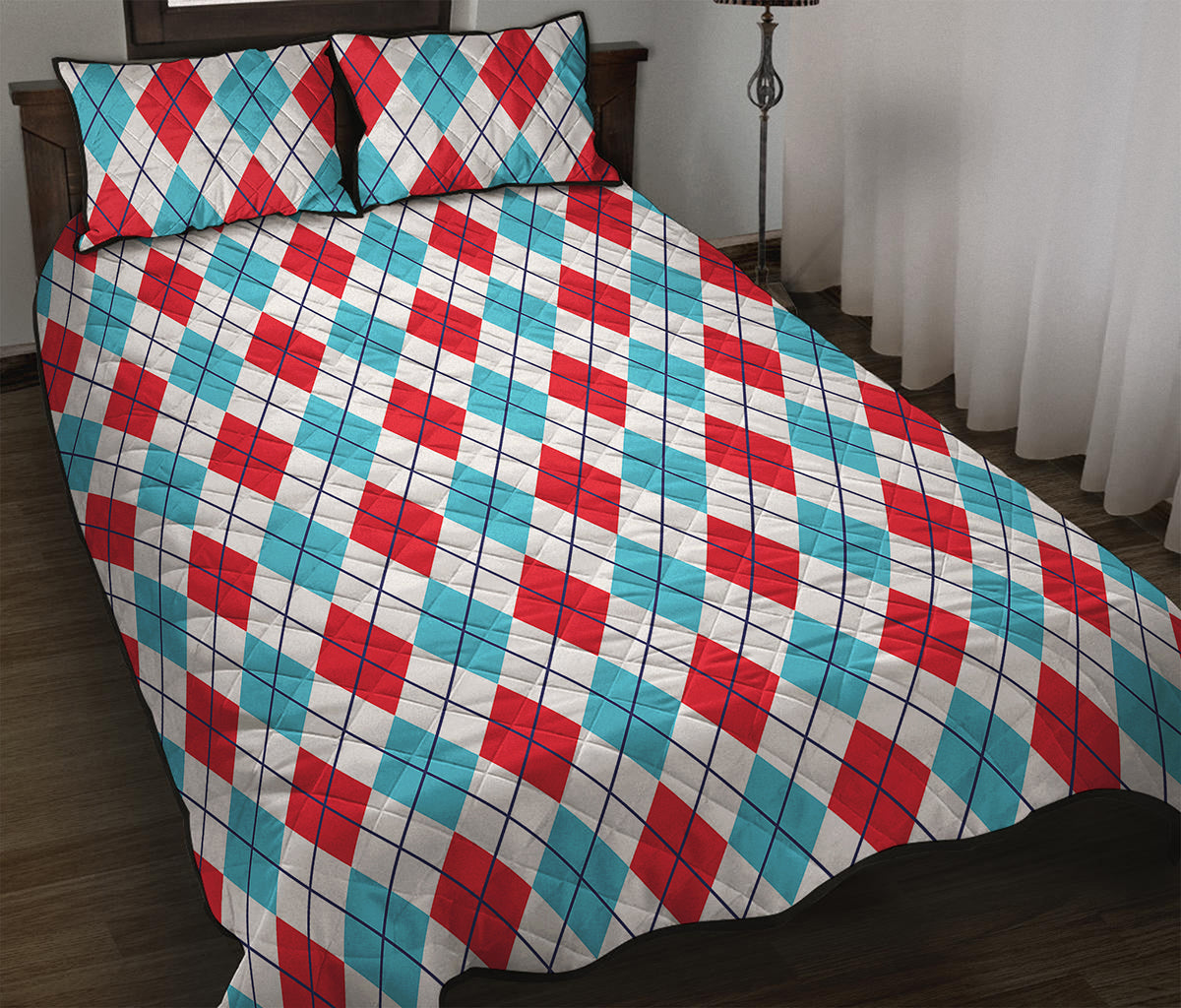 White Red And Blue Argyle Pattern Print Quilt Bed Set