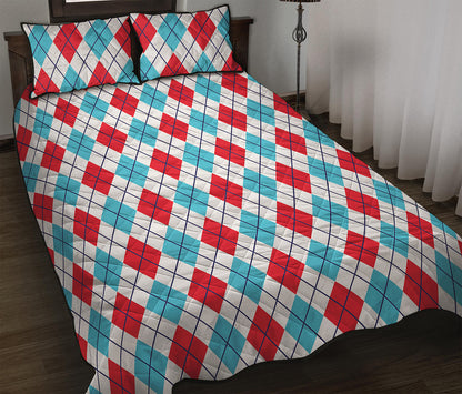 White Red And Blue Argyle Pattern Print Quilt Bed Set