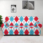 White Red And Blue Argyle Pattern Print Sofa Cover