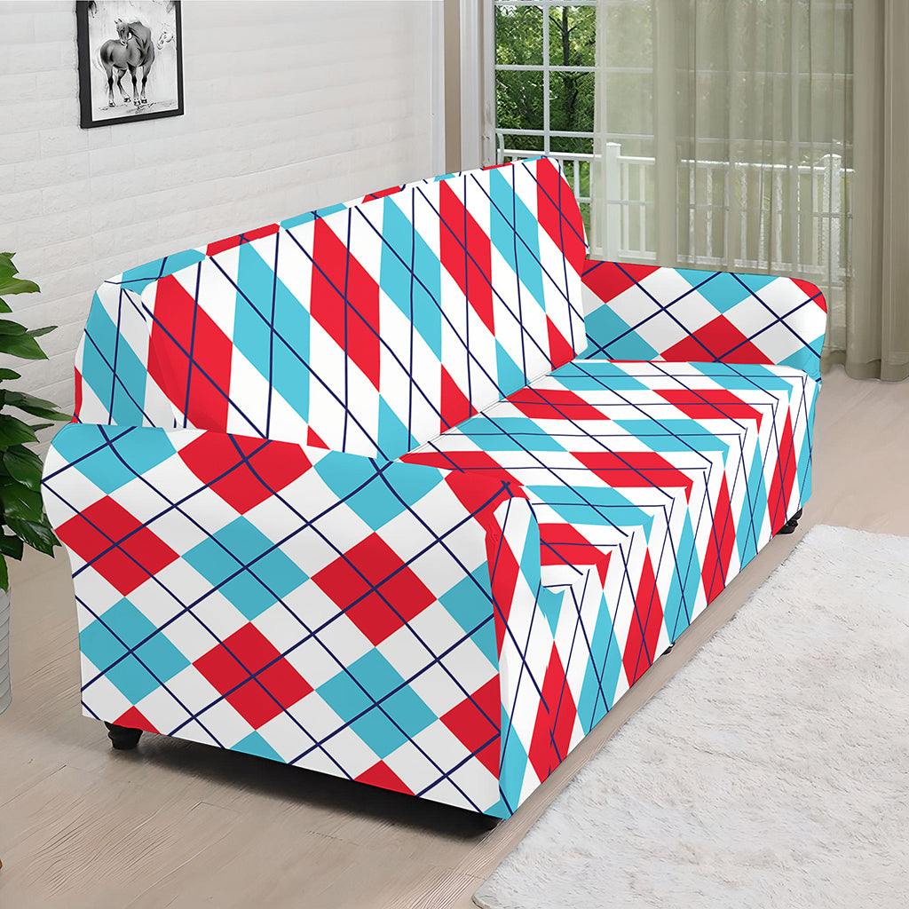 White Red And Blue Argyle Pattern Print Sofa Cover
