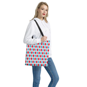 White Red And Blue Argyle Pattern Print Tote Bag