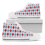 White Red And Blue Argyle Pattern Print White High Top Shoes