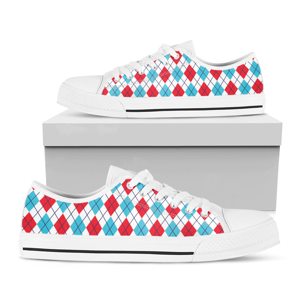White Red And Blue Argyle Pattern Print White Low Top Shoes
