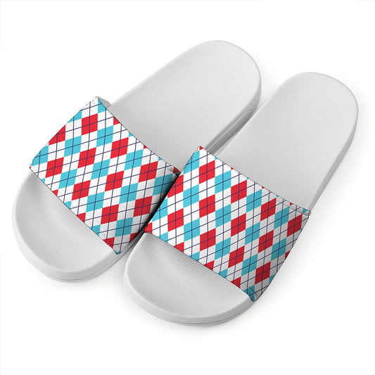White Red And Blue Argyle Pattern Print White Slide Sandals