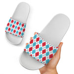 White Red And Blue Argyle Pattern Print White Slide Sandals