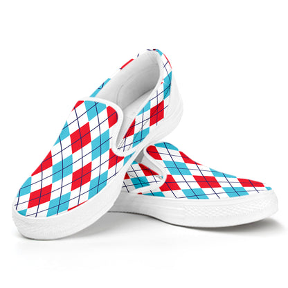 White Red And Blue Argyle Pattern Print White Slip On Shoes