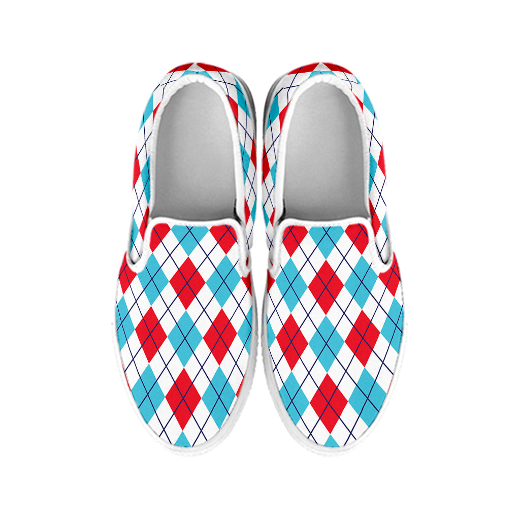 White Red And Blue Argyle Pattern Print White Slip On Shoes