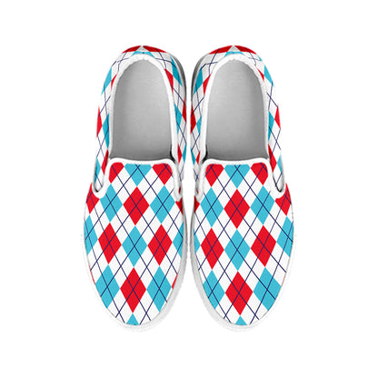 White Red And Blue Argyle Pattern Print White Slip On Shoes