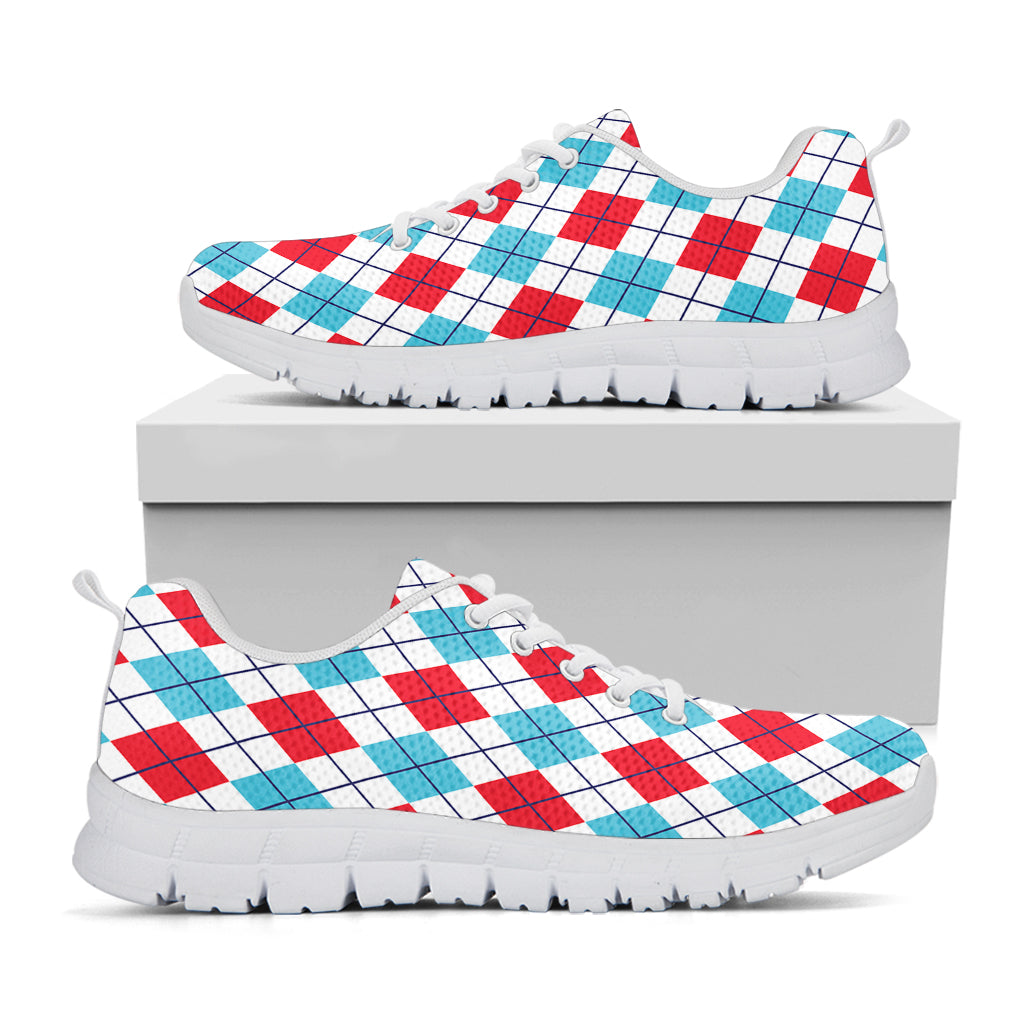 White Red And Blue Argyle Pattern Print White Sneakers