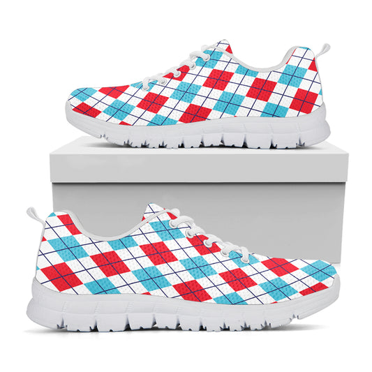 White Red And Blue Argyle Pattern Print White Sneakers