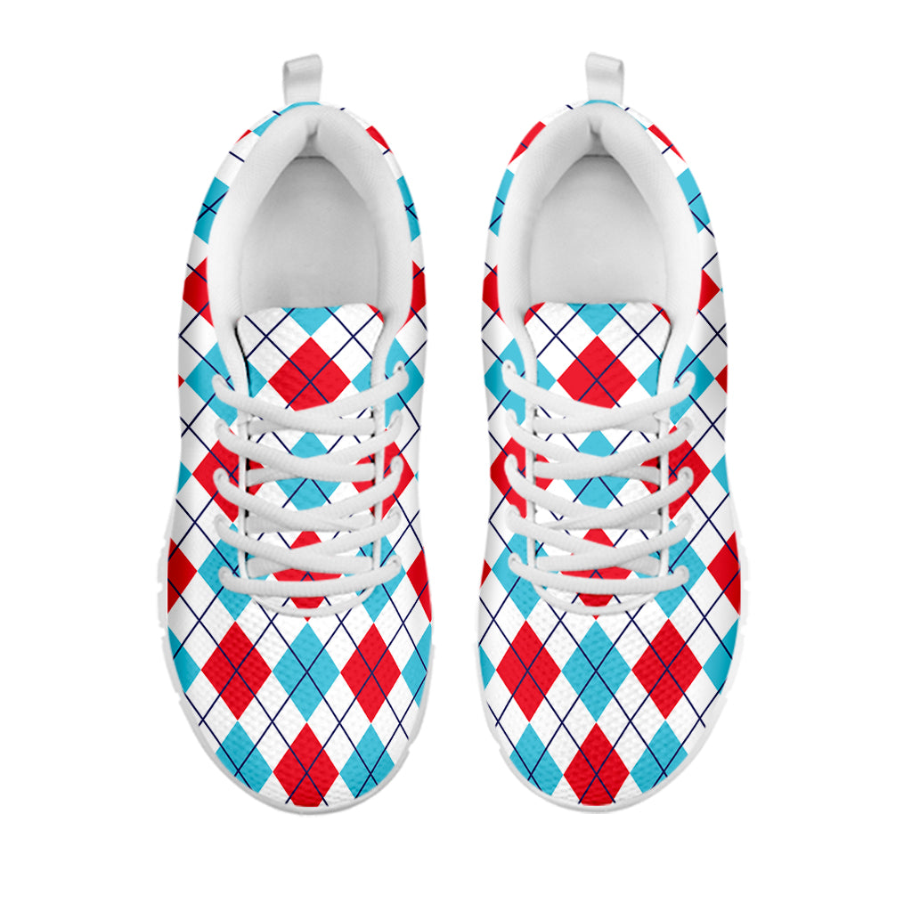 White Red And Blue Argyle Pattern Print White Sneakers