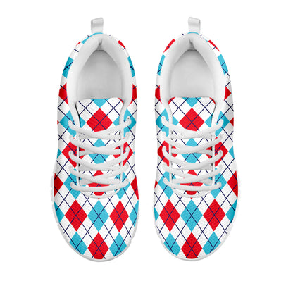 White Red And Blue Argyle Pattern Print White Sneakers
