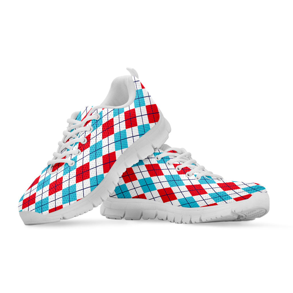 White Red And Blue Argyle Pattern Print White Sneakers