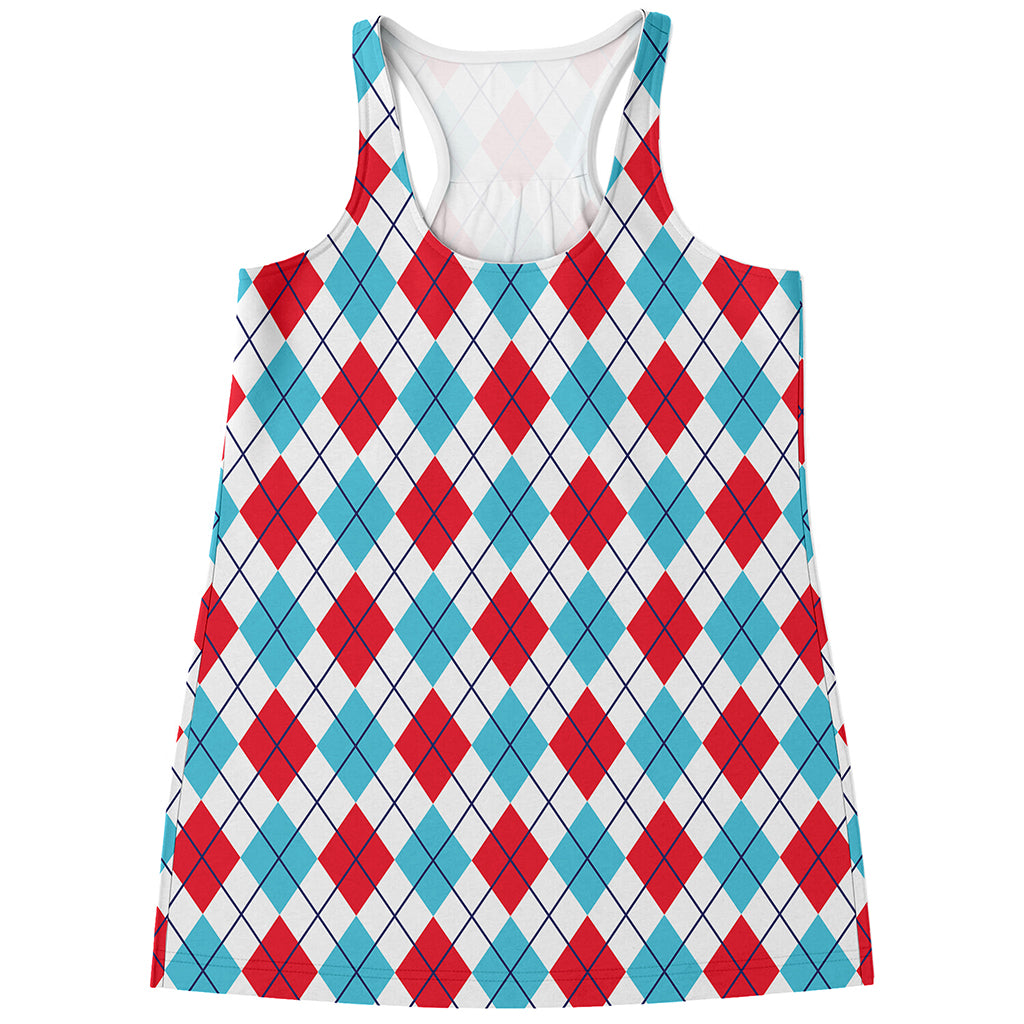 White Red And Blue Argyle Pattern Print Women's Racerback Tank Top