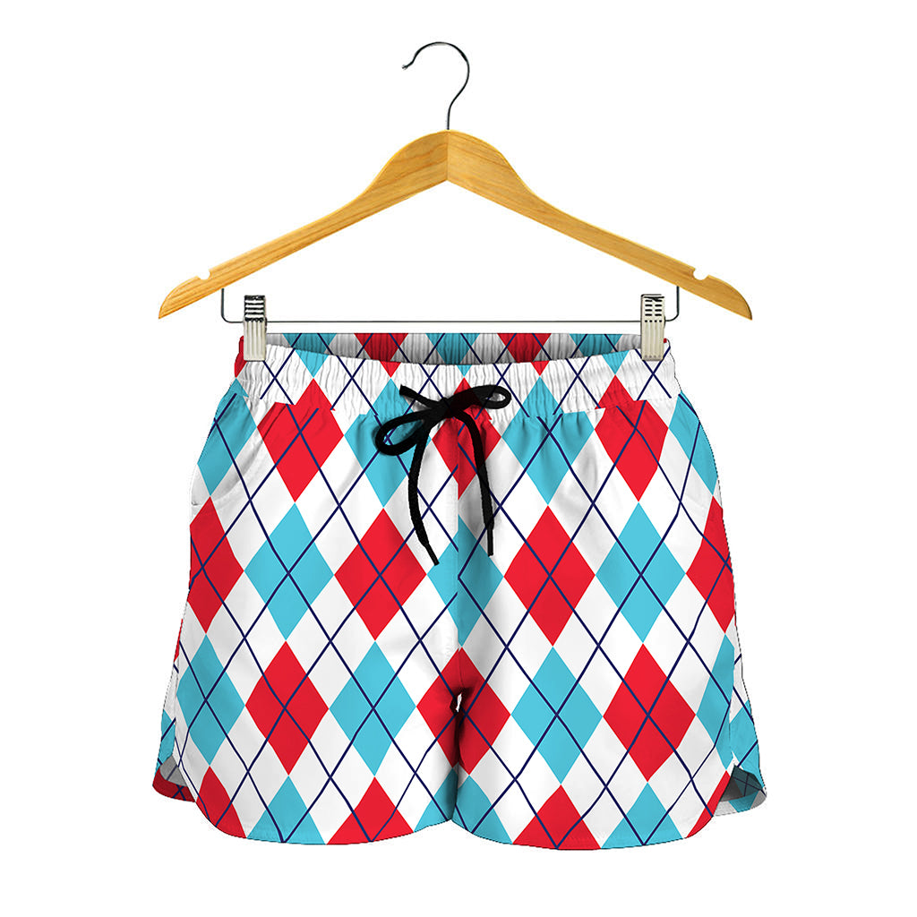 White Red And Blue Argyle Pattern Print Women's Shorts