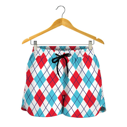 White Red And Blue Argyle Pattern Print Women's Shorts