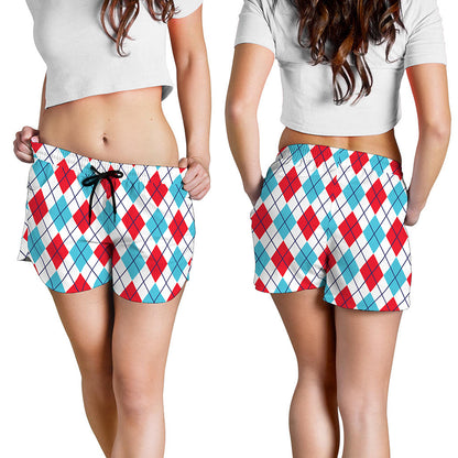 White Red And Blue Argyle Pattern Print Women's Shorts