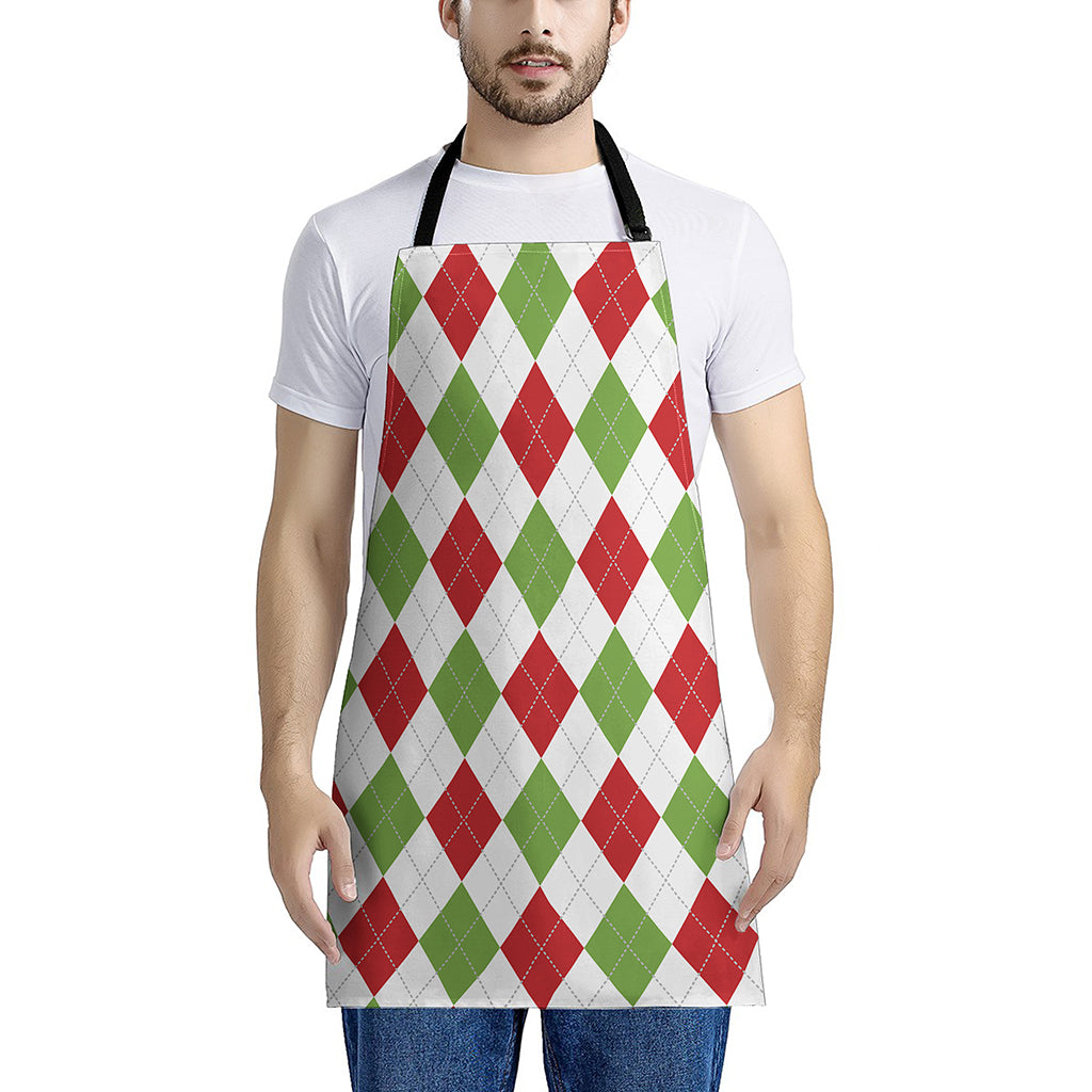 White Red And Green Argyle Pattern Print Apron