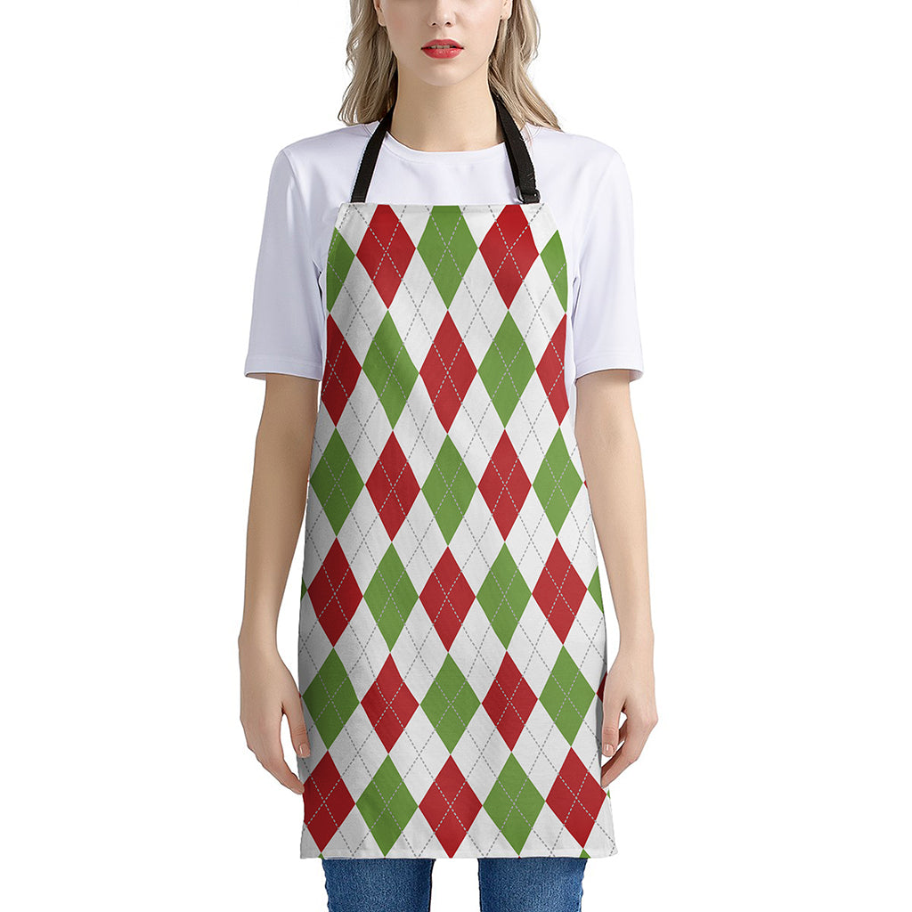 White Red And Green Argyle Pattern Print Apron