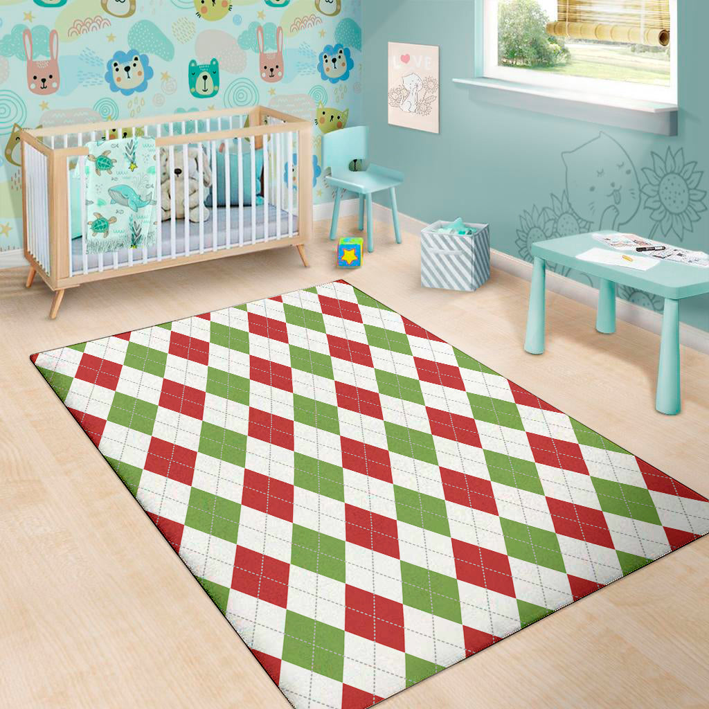 White Red And Green Argyle Pattern Print Area Rug