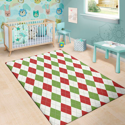White Red And Green Argyle Pattern Print Area Rug