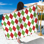 White Red And Green Argyle Pattern Print Beach Sarong Wrap