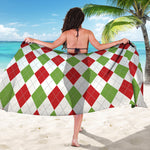 White Red And Green Argyle Pattern Print Beach Sarong Wrap