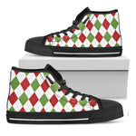 White Red And Green Argyle Pattern Print Black High Top Shoes