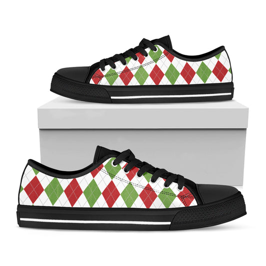White Red And Green Argyle Pattern Print Black Low Top Shoes