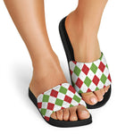 White Red And Green Argyle Pattern Print Black Slide Sandals