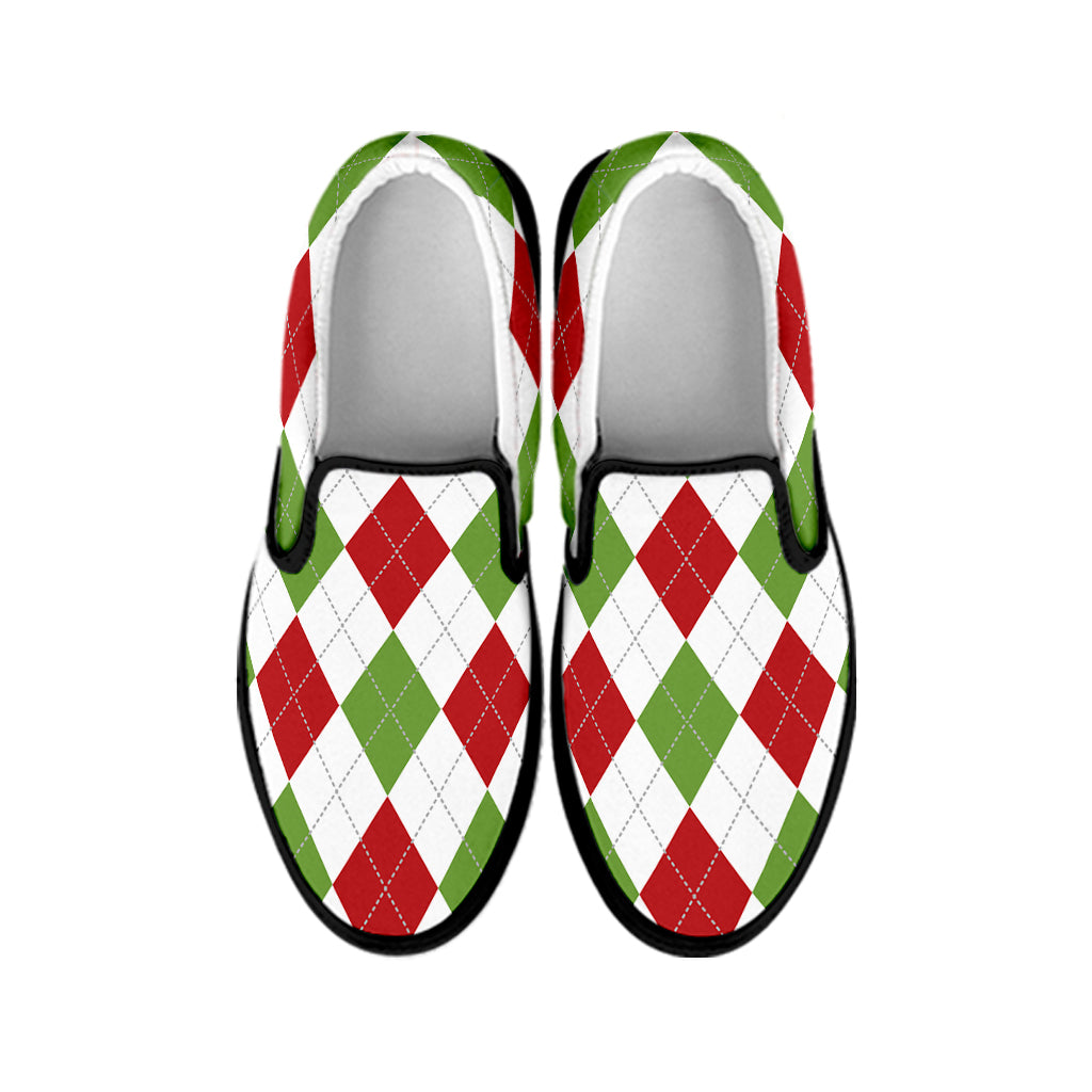 White Red And Green Argyle Pattern Print Black Slip On Shoes
