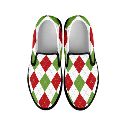 White Red And Green Argyle Pattern Print Black Slip On Shoes