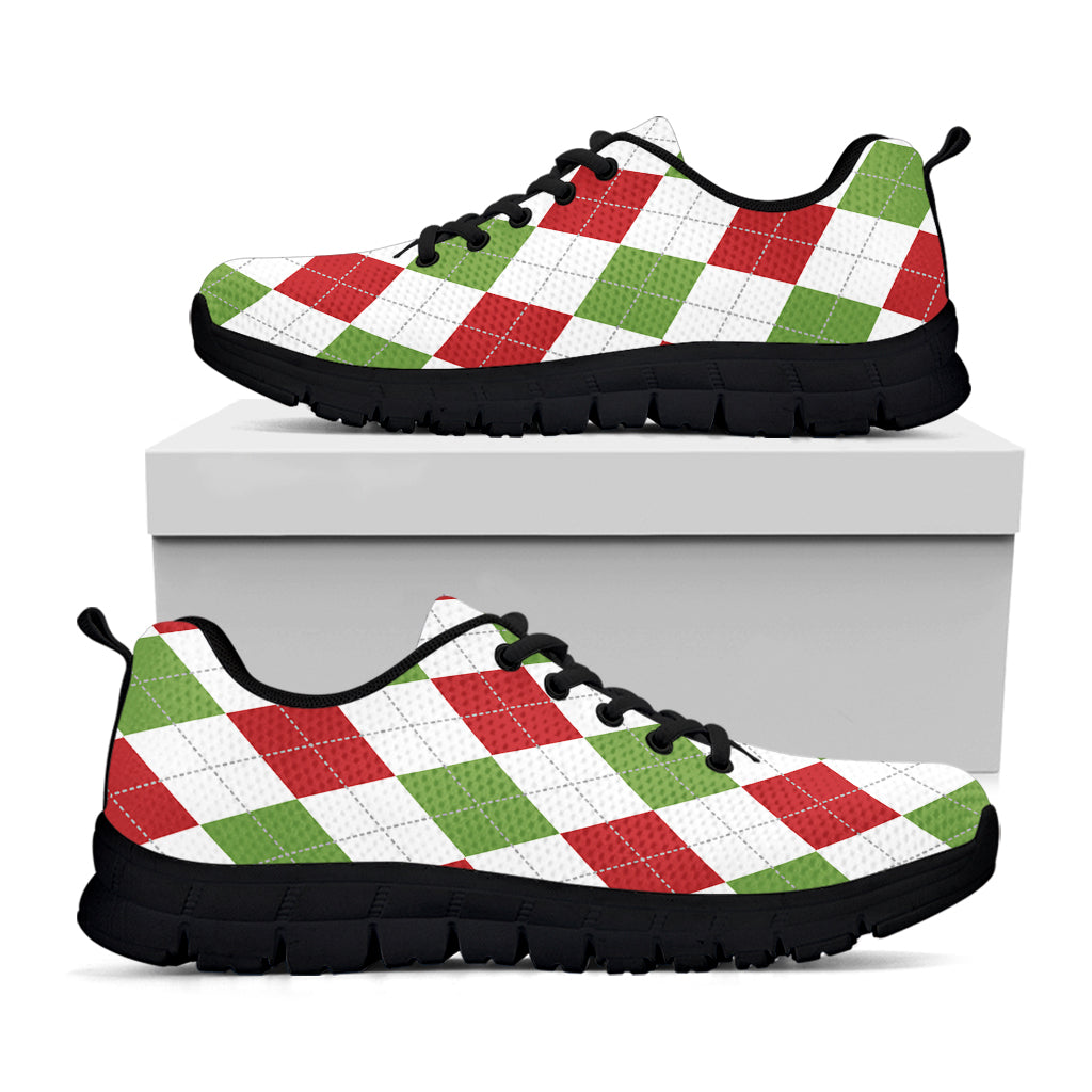 White Red And Green Argyle Pattern Print Black Sneakers