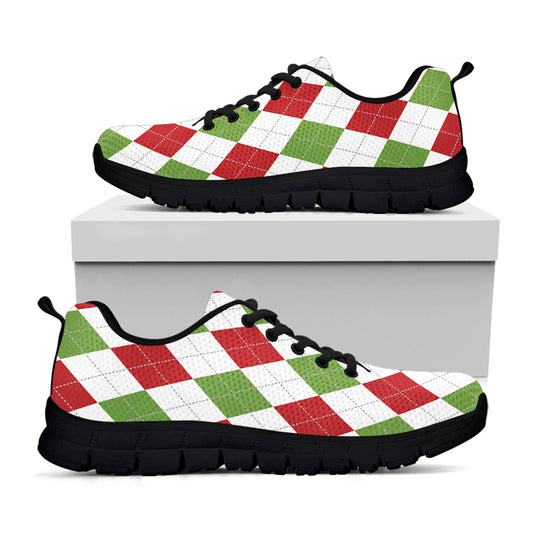 White Red And Green Argyle Pattern Print Black Sneakers