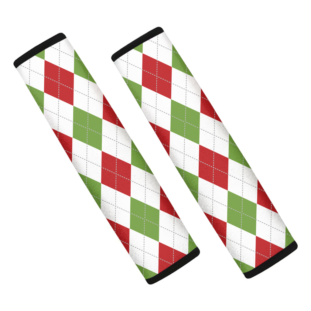 White Red And Green Argyle Pattern Print Car Seat Belt Covers