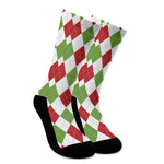 White Red And Green Argyle Pattern Print Crew Socks
