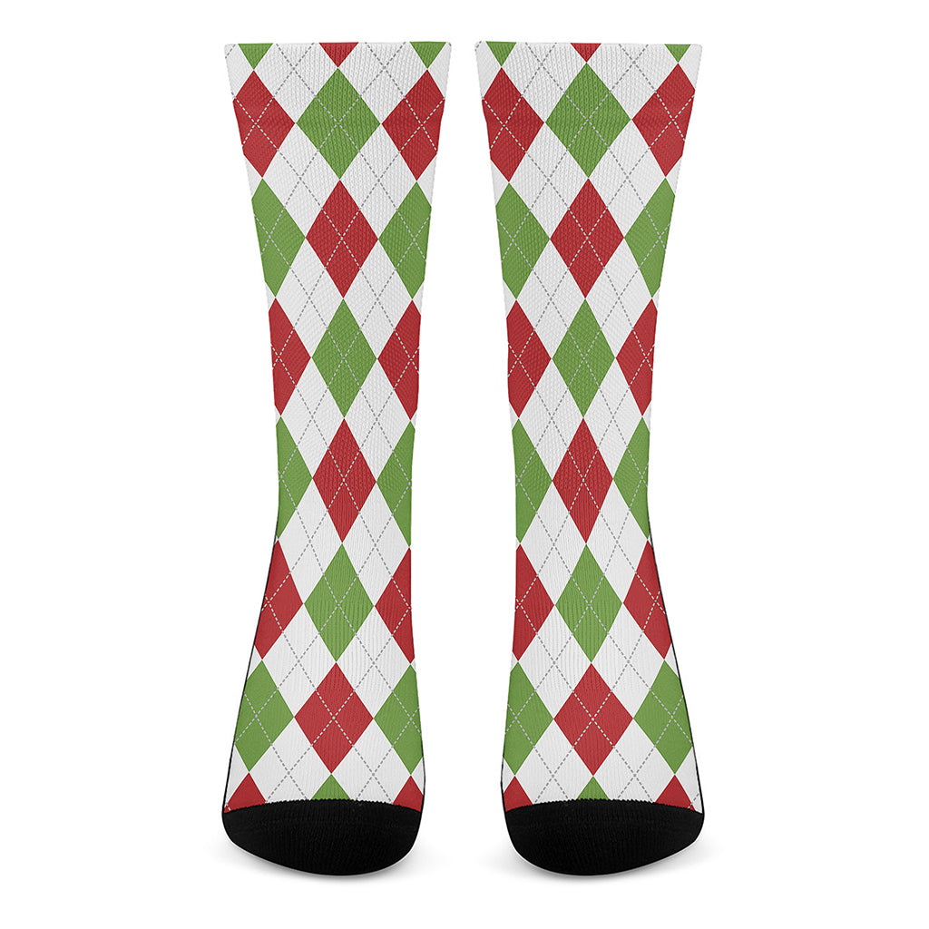 White Red And Green Argyle Pattern Print Crew Socks