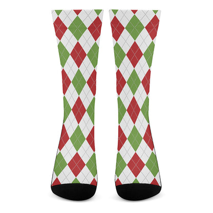 White Red And Green Argyle Pattern Print Crew Socks