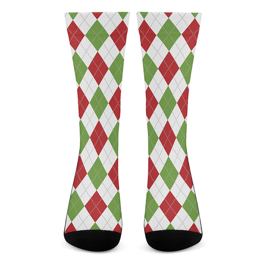 White Red And Green Argyle Pattern Print Crew Socks