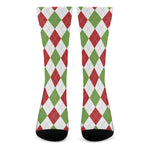 White Red And Green Argyle Pattern Print Crew Socks