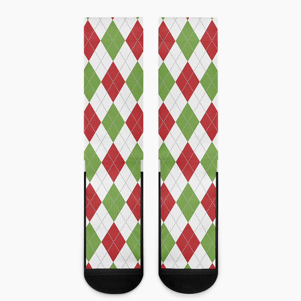 White Red And Green Argyle Pattern Print Crew Socks