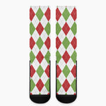 White Red And Green Argyle Pattern Print Crew Socks