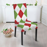 White Red And Green Argyle Pattern Print Dining Chair Slipcover