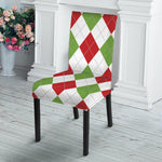 White Red And Green Argyle Pattern Print Dining Chair Slipcover