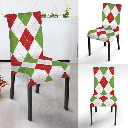 White Red And Green Argyle Pattern Print Dining Chair Slipcover