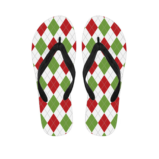 White Red And Green Argyle Pattern Print Flip Flops