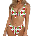 White Red And Green Argyle Pattern Print Front Bow Tie Bikini