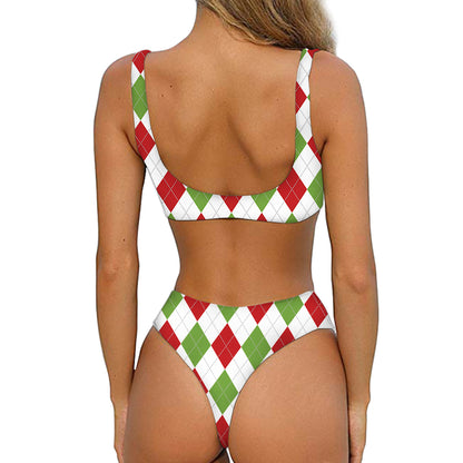 White Red And Green Argyle Pattern Print Front Bow Tie Bikini
