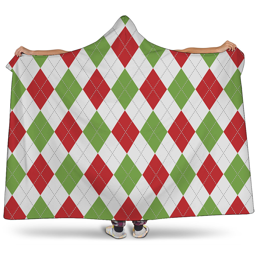 White Red And Green Argyle Pattern Print Hooded Blanket