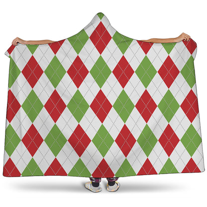 White Red And Green Argyle Pattern Print Hooded Blanket